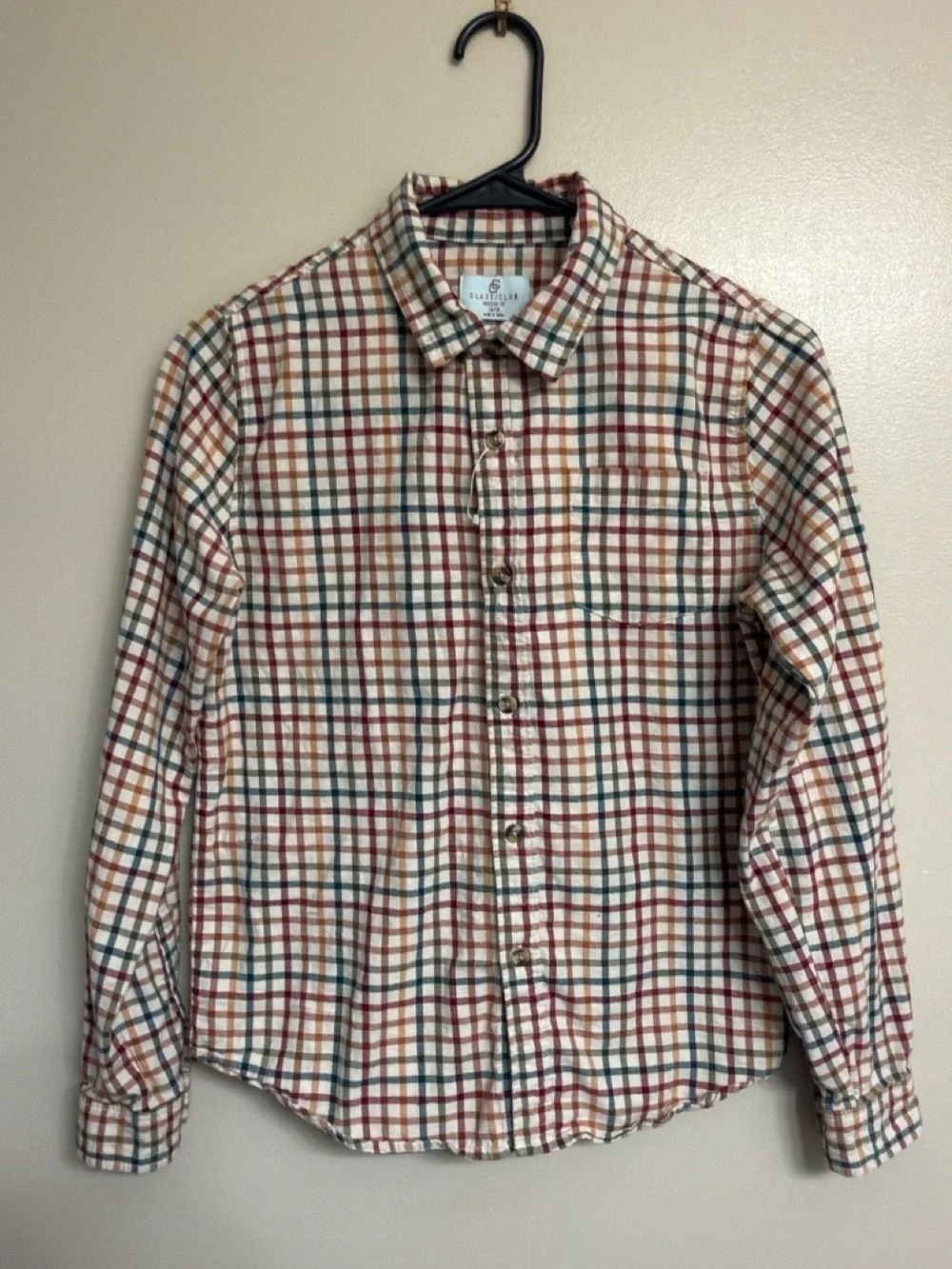 Class Club Boy’s Long Sleeve Ivory Plaid Button Up Sport Shirt LIKE NEW 14/16